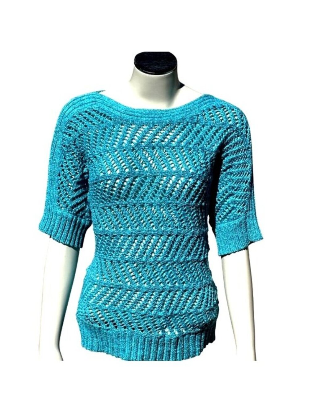 Chicos Size 0 Blue Open Knit Turquoise Open Knit Chevron Sweater Pullover Ribbed